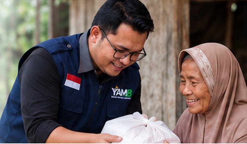 Relawan YAMB menyerahkan paket bantuan kepada seorang ibu lansia